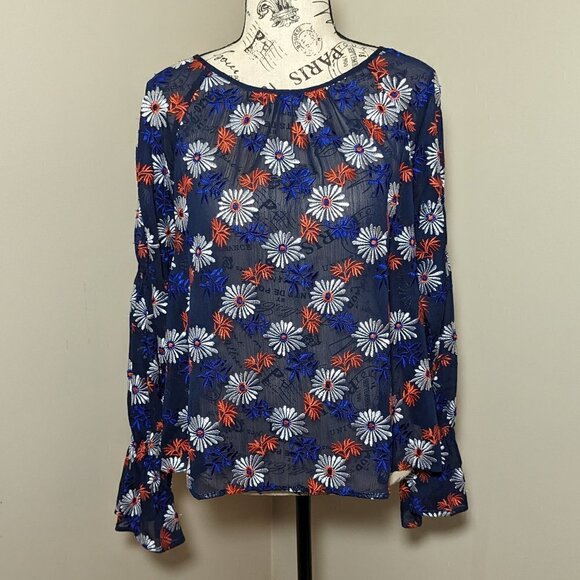 Ella Moss Floral Embroidered Long-Sleeve Sheer Blouse S - Picture 2 of 7